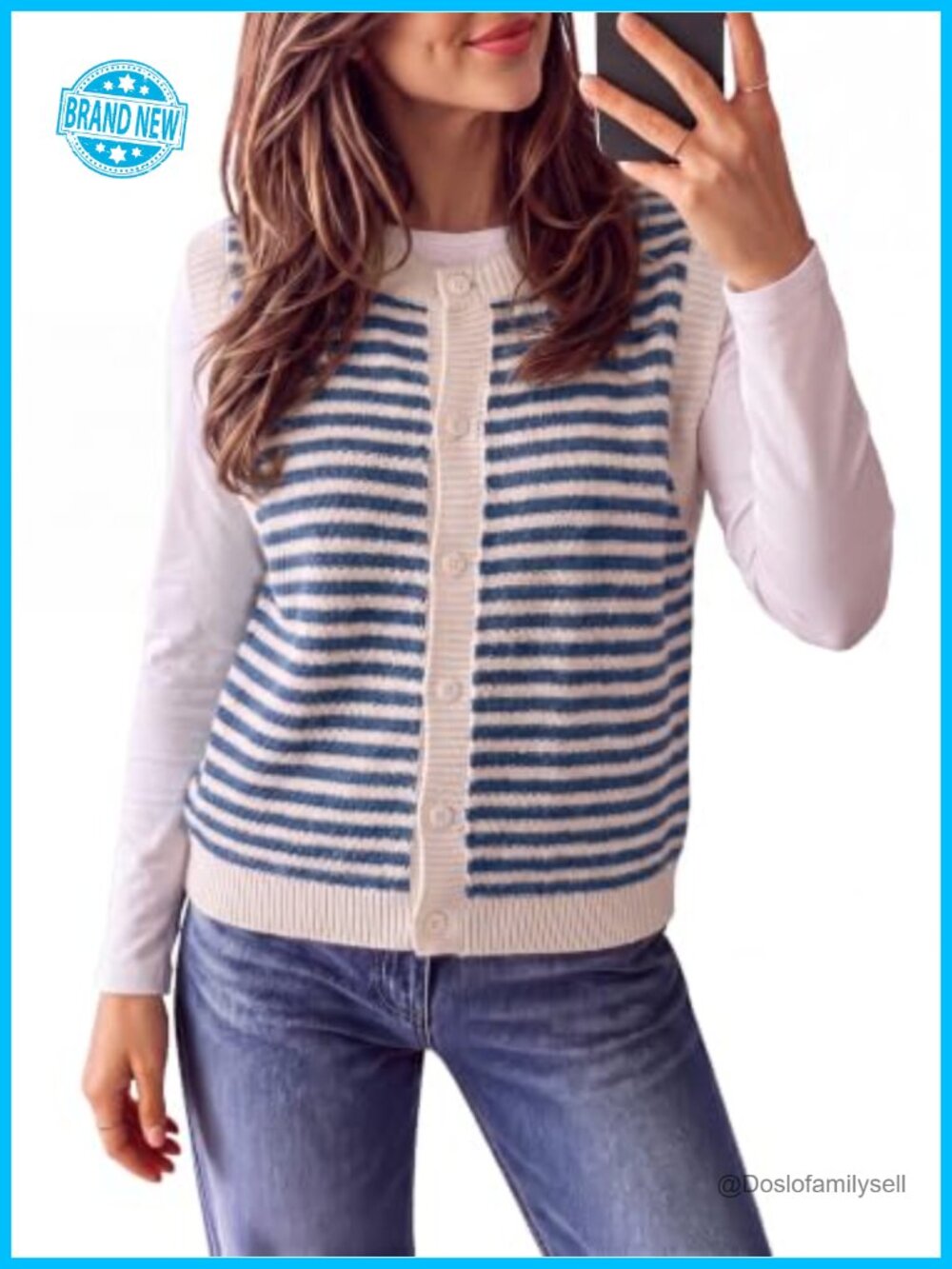 Sleeveless Sweater Vest Button Down Striped Knit Tank Top